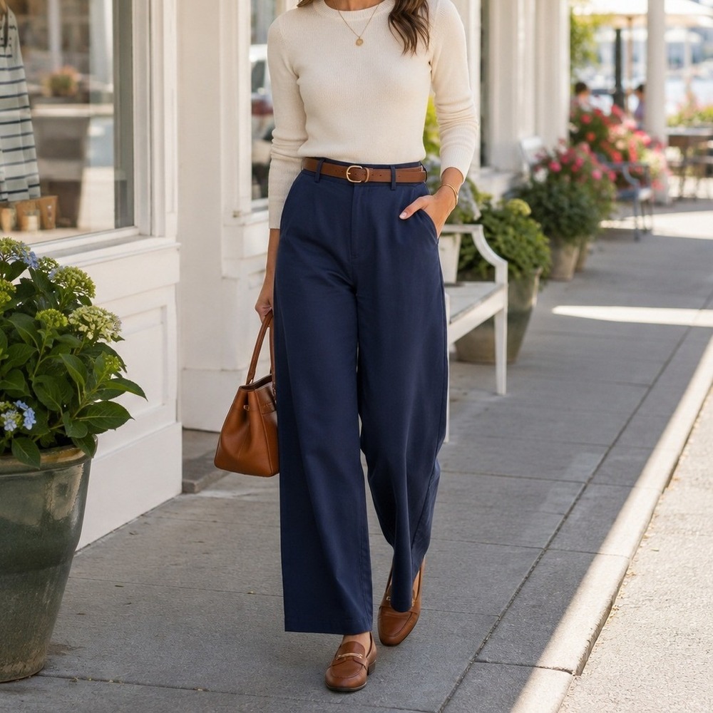 Wonderly Womens Size 10 Navy Blue High Rise Wide Leg Pants Trousers Coastal Chic